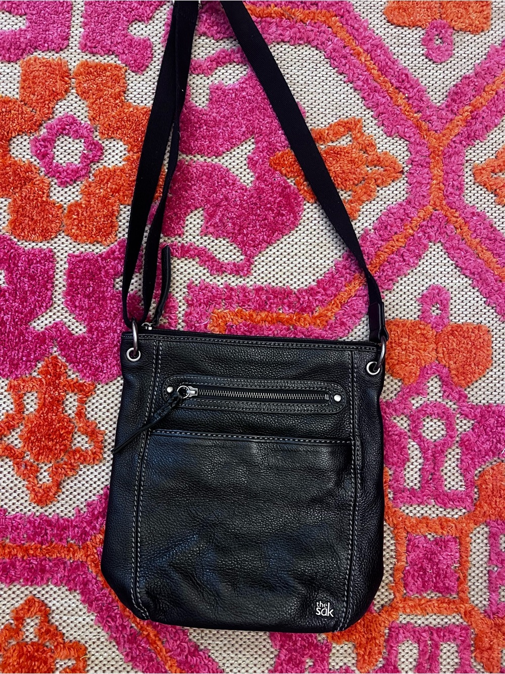 The Sak Black Leather Crossbody with Front Zip Pocket